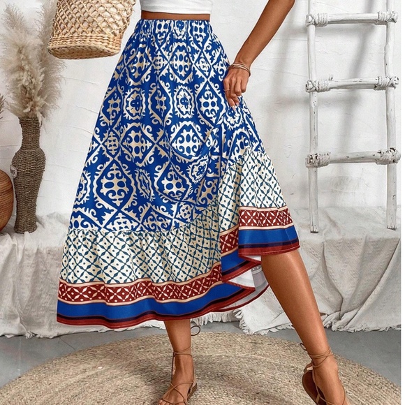 COPY - Boho Color Block Print Stretchy Waist Ruffle Hem Skirt - Picture 5 of 14